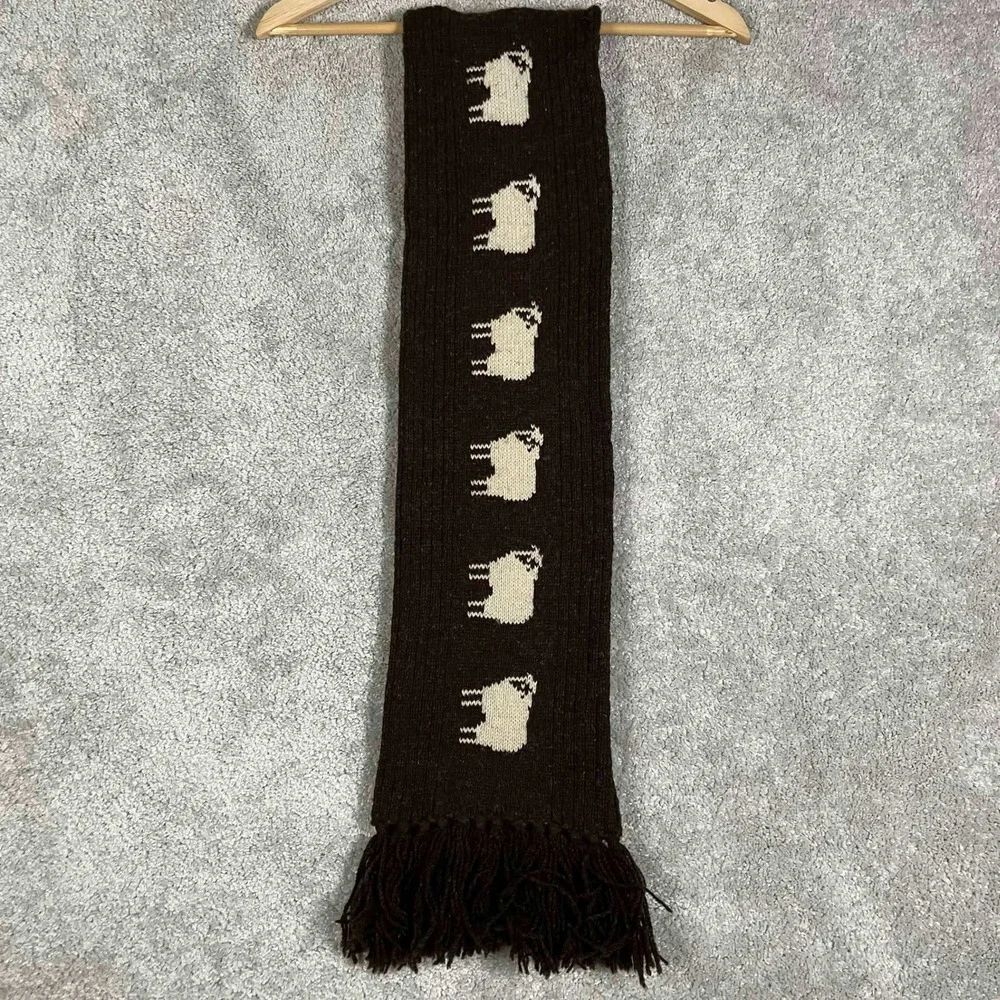 Vintage 90s Knit Scarf Brown Sheep Pattern Ribbed Fringe Farm Cottage Academia